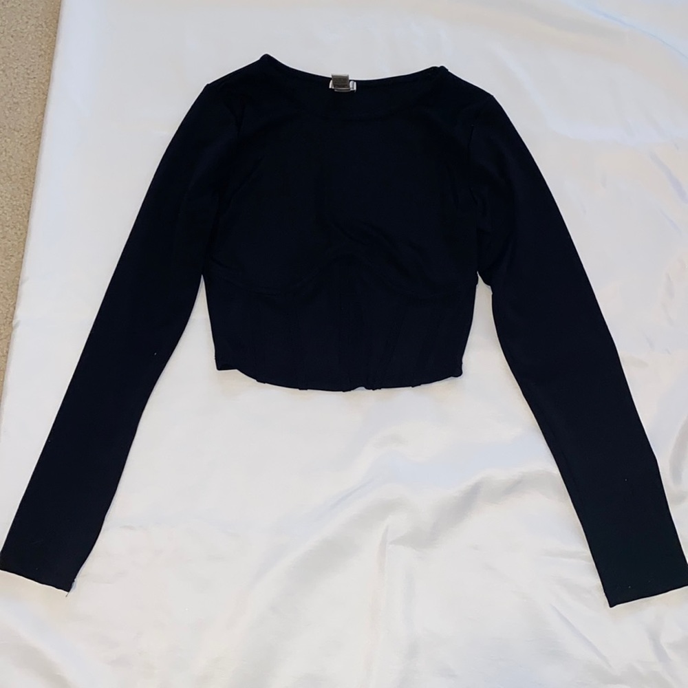 Crop Black Long Sleeve Underwire Look Top